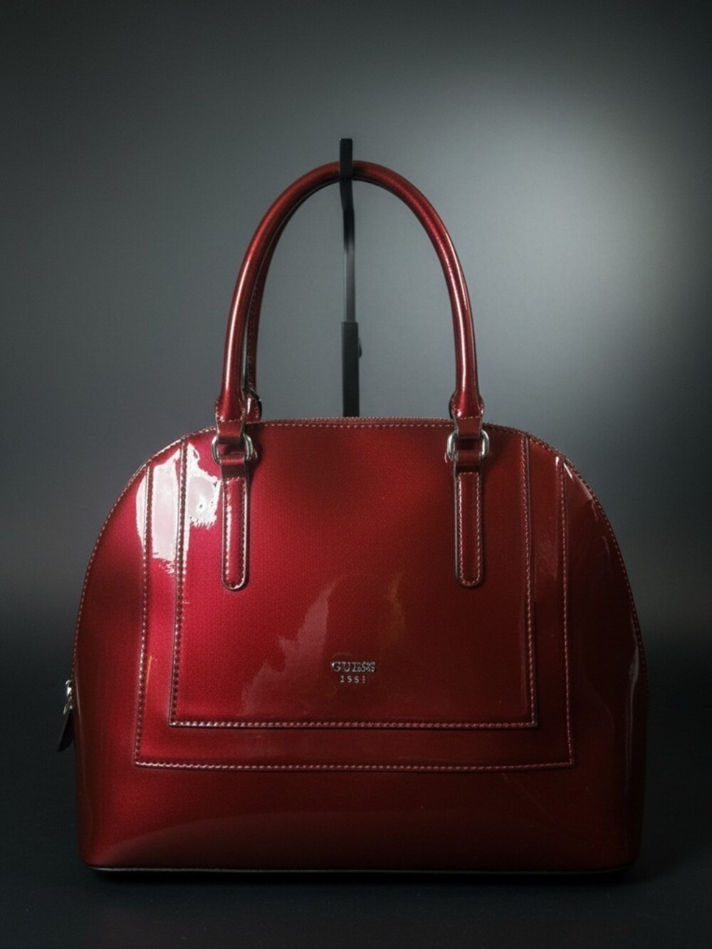 GUESS Est. 1981 High-Gloss Patent Dome Satchel Handbag - Deep Cherry Red